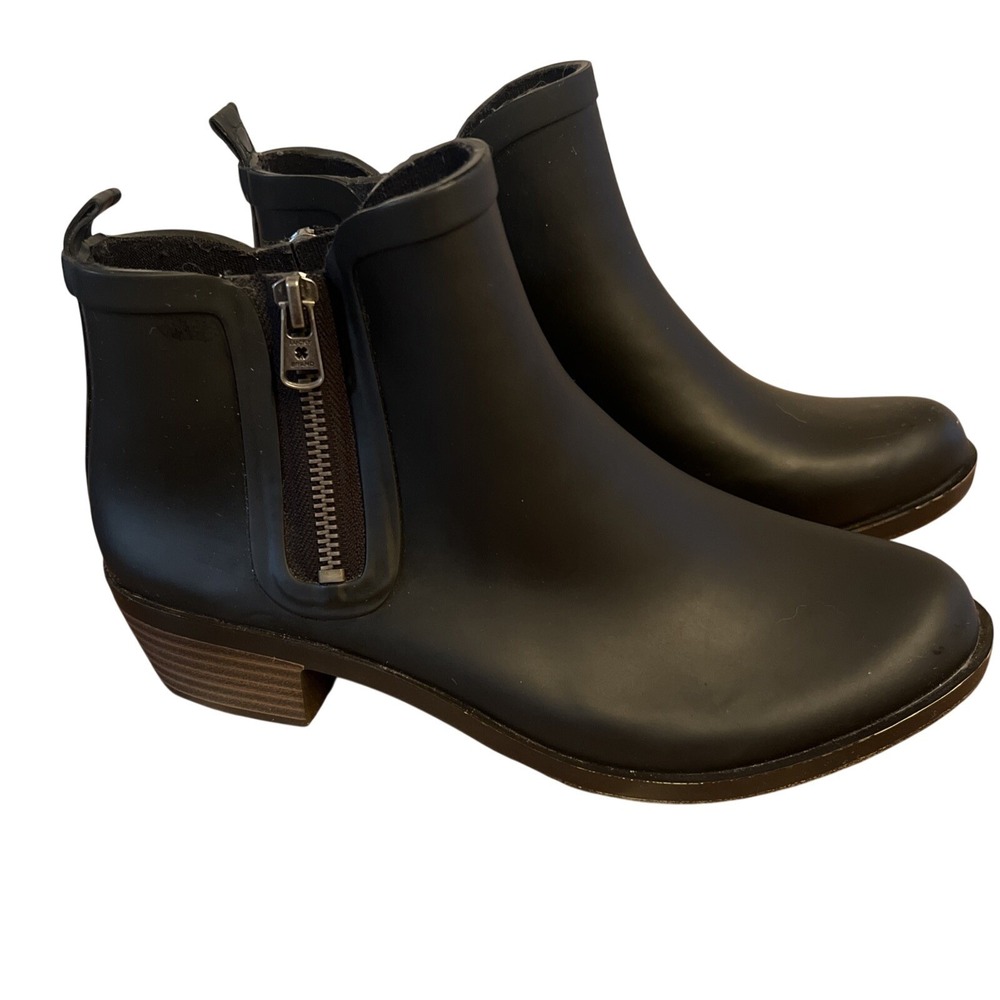 Lucky Brand Baselrain Black Rubber Waterproof Zip Ankle Boots‎ Women Size 8M